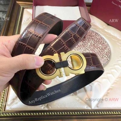 AAA Replica Ferragamo Brown&Black Reversible Leather Belts Gold Buckle